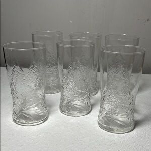 Arcoroc Holly Tree Clear Embossed Glass Tumbler Christmas Vintage Set of 7
